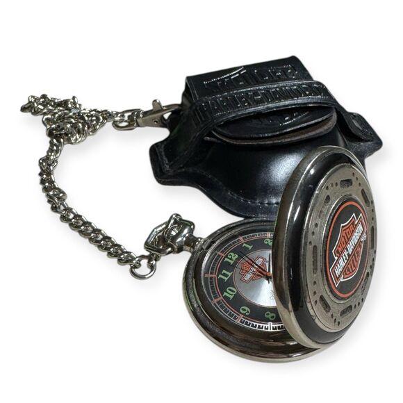 Harley-Davidson Pocket Watch Glow in Dark Vintage Quartz Chain w/ Leather Case